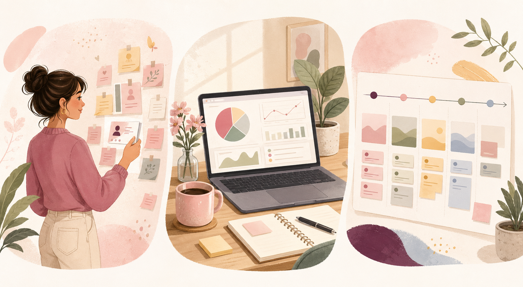 Illustration of product research notes, analytics, and roadmap planning