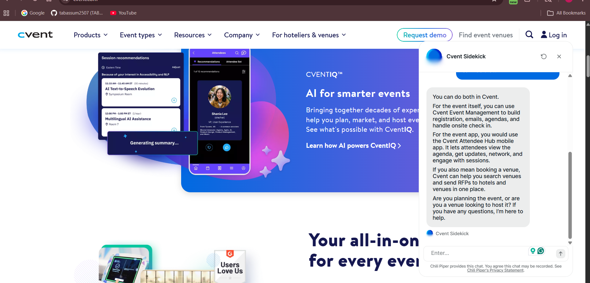 Cvent website screenshot showing CventIQ and Cvent Sidekick