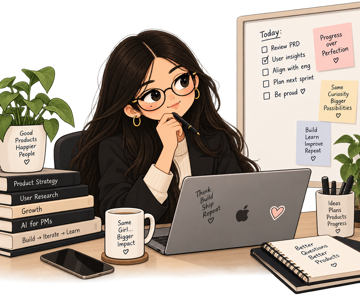 Illustrated Tabassum at her desk, working through her daily checklist
